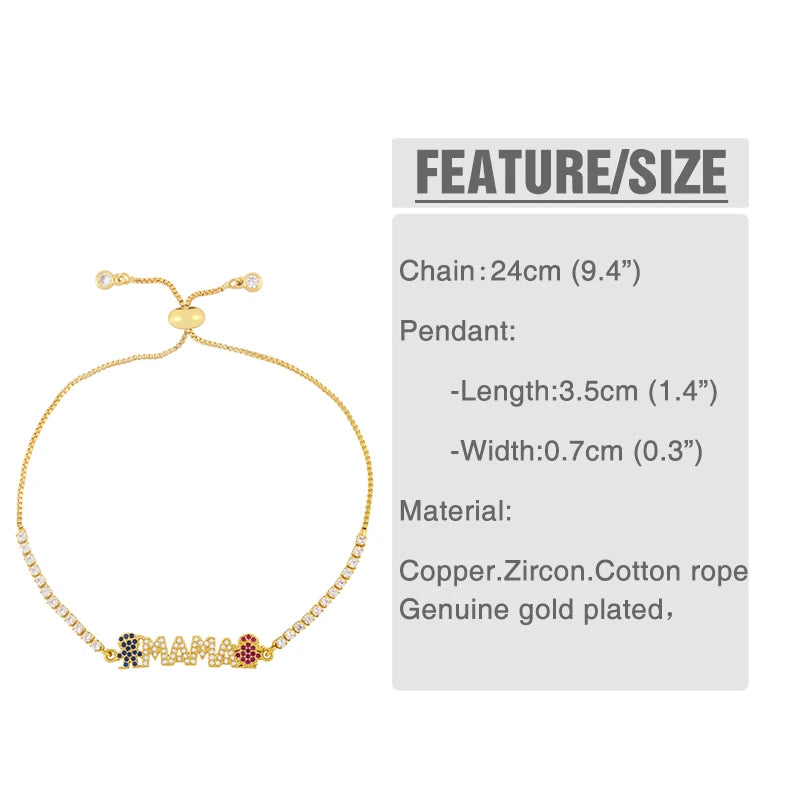 FLOLA Gold Plated Chain MAMA Letter Bracelets For Women CZ White Stone Crystal MOM Bracelet Mother Jewelry Gifts brtd42