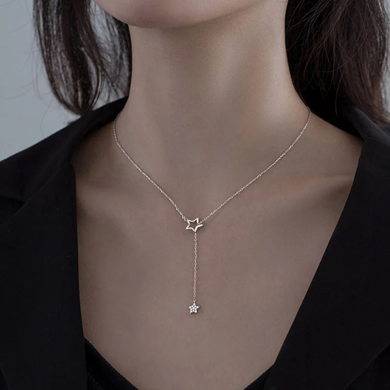 Hot Sale Exquisite Silver Plated Gold Pentagram Necklace Shiny Zircon Star Pendant Clavicle Chain for Women's Fashion Jewelry