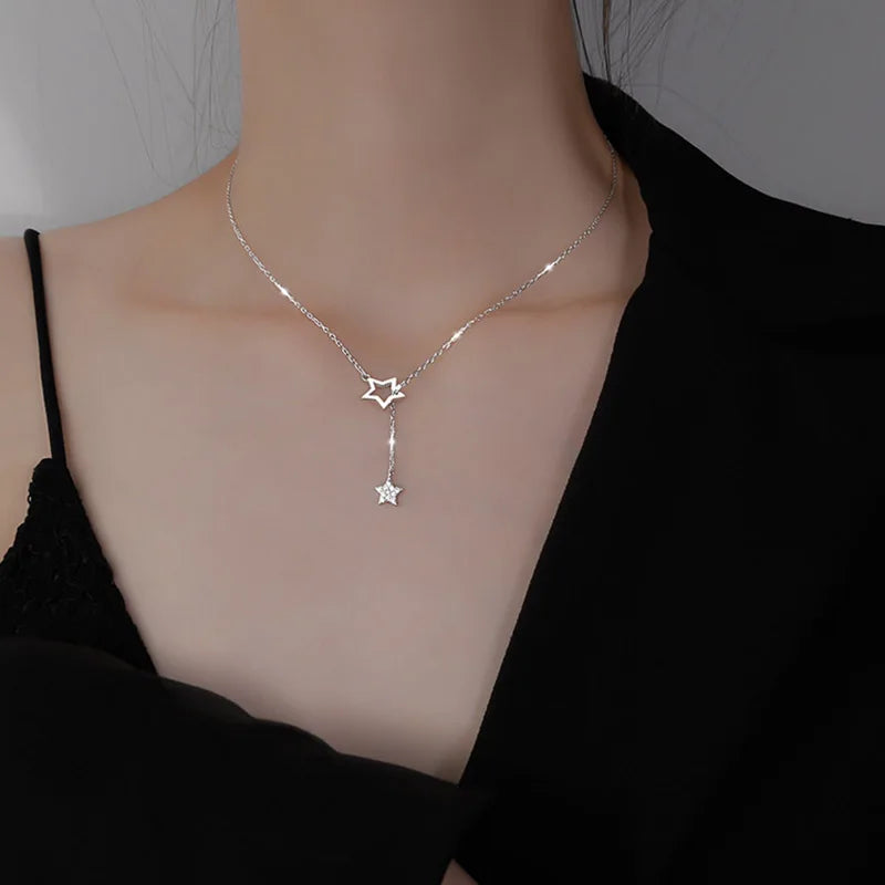 Hot Sale Exquisite Silver Plated Gold Pentagram Necklace Shiny Zircon Star Pendant Clavicle Chain for Women's Fashion Jewelry