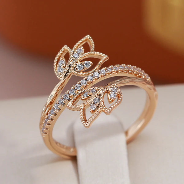 JULYDREAM Elegant Flower Double Zircon Women's Rings 585 Rose Gold Color Fashion Jewelry Wedding Party Vintage Accessories