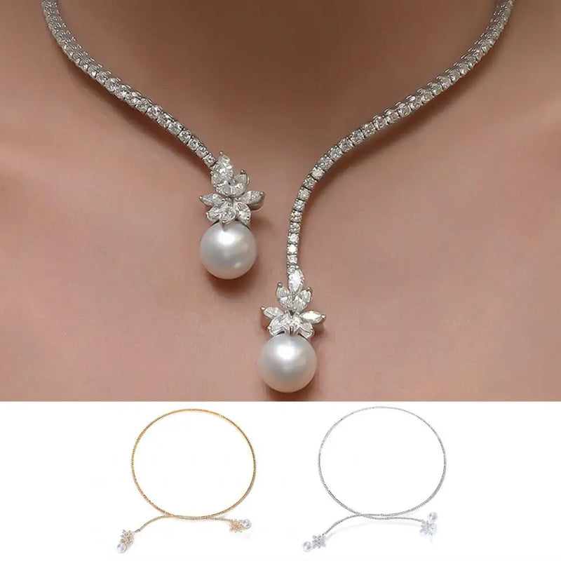 Elegant Faux Pearls Necklace Elegant Flower Shape Rhinestone Necklace with Faux Pearls Retro Women's Open Design for Special