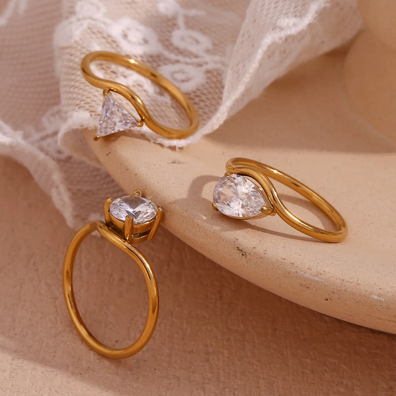 E.B.belle Wave Drop Round Zircon Ring Waterproof Minimalist 316L Stainless Steel Women's Rings 18K Gold Plated Accessories